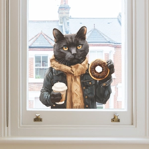 Cartoon black cat in jacket with coffee and donut static cling glass window sticker decal