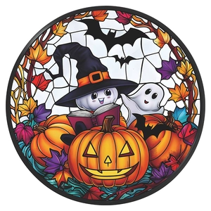 Detail of Halloween window sticker featuring pumpkin ghost and bats in glass art style
