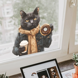 Close-up of artistic cat window sticker with coffee and donut on a glass surface