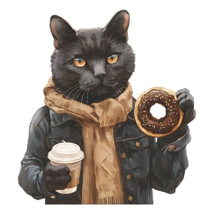 Anthropomorphic black cat sticker wearing denim jacket with coffee and donut decor