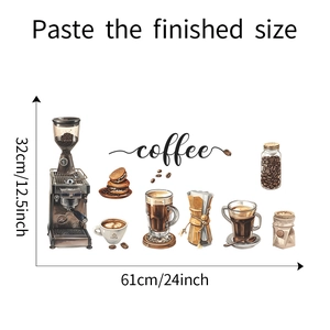 Detailed coffee wall stickers showing machines and beans with dimensions 61x32cm