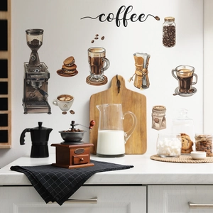 Vintage coffee theme wall stickers featuring espresso machines and beans for cafe decor