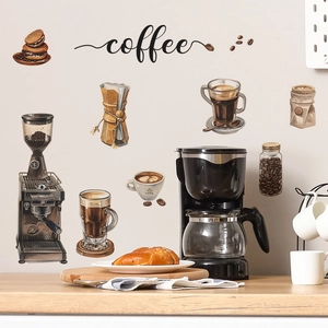 Self-adhesive coffee machine wall stickers for kitchen decor with hand-drawn coffee art