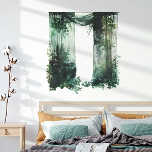 Forest style green leaf sheer curtains with aesthetic botanical pattern for home decor