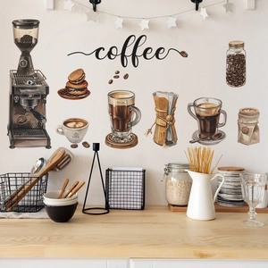 Hand-drawn coffee wall stickers set with espresso machine and latte cups on kitchen wall