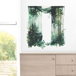 Detailed close-up of semi-transparent wall hanging curtains with lush green leaf patterns