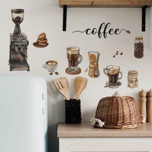 Detail of coffee theme wall stickers featuring espresso machine and mocha pot for decor