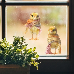 Autocollants poussins jaunes mignons avec écharpes colorées pour décor de fenêtre