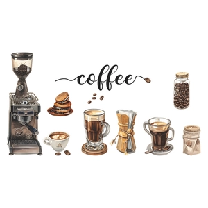 Self-adhesive coffee themed wall decals for home decor featuring espresso machine and mugs