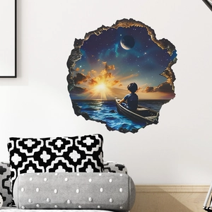 Detail view of 3D wall sticker showing a boy on a boat with ocean sunset and broken wall effect