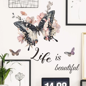 Adesivi Murali Farfalla Fiore Life Is Beautiful In PVC Rimovibili Decalcomanie Da Muro Per Soggiorno Camera Da Letto Decorazione Casa