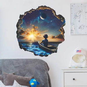 3D broken wall sunset sailing boat wall sticker for living room and bedroom decor