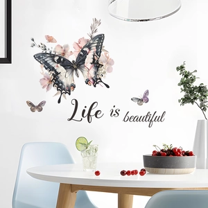 Adesivo murale Life is Beautiful con farfalle e fiori in una moderna sala da pranzo