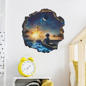 3D wall sticker featuring a boy on a boat at sunset with sea and broken wall effect
