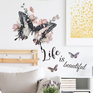 Adesivo murale Life is Beautiful con farfalle e fiori per decorazioni della camera