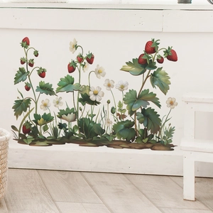 Vibrant strawberry and floral wall stickers for home decor on white wooden cabinet