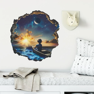 3D broken wall sunset sailing wall sticker with boy in boat for bedroom decor