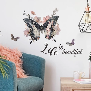 Adesivo murale Life is beautiful con farfalla e fiori sopra un divano blu moderno