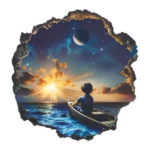 3D broken wall sticker featuring a sunset ocean boat and starry sky home mural decor