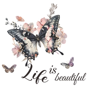 Adesivo murale Life is beautiful con farfalla e fiori rosa tenui su sfondo bianco
