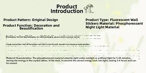 Luminous wall sticker specs showing glow-in-the-dark material and application steps