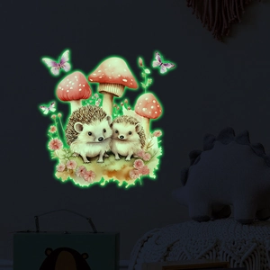 Luminous hedgehog and mushroom wall stickers with watercolor design glowing in the dark
