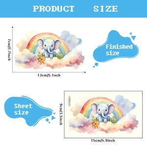 Cartoon elephant and rainbow luminous wall stickers showing product dimensions