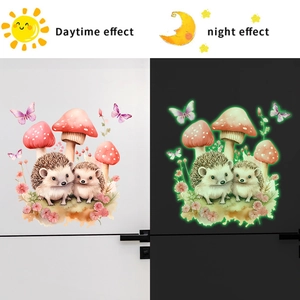 Luminous hedgehog and mushroom wall stickers for kids room with day and night glowing effect