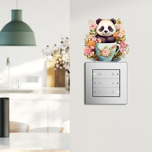 Luminous panda in flower teacup wall sticker for light switch home wall decor