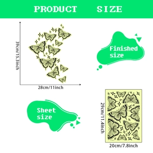 Detailed dimension layout showing sheet size and finished size for luminous butterfly stickers