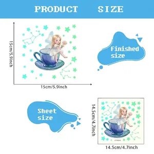 Luminous fairy tea cup wall sticker size chart showing 15x15cm finished dimensions