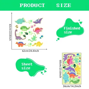 Glow in the dark cartoon dinosaur wall stickers for kids room with size dimensions