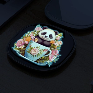 Luminous panda in flower cup wireless charging pad with glowing blue LED effect