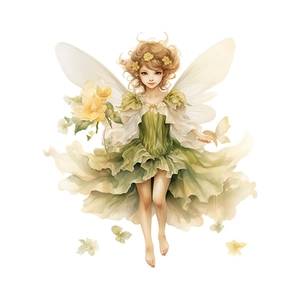 Detailed fairy wall sticker featuring transparent cicada wings and floral green dress