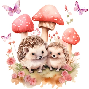 Detail of watercolor hedgehogs and red mushrooms wall stickers for a kids' room decor