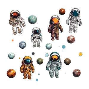 Detailed set of cartoon astronaut wall stickers with colorful planets for boys room