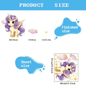 Detailed size chart for unicorn wall stickers set showing sheet dimensions 40x47cm