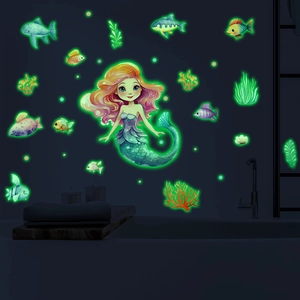 Mermaid Glow In The Dark Wall Stickers Luminous Ocean World Fish Cartoon PVC Removable Decal For Kids Bathroom Home Decor
