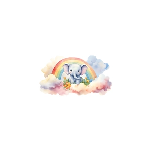 Detail of cartoon blue elephant with rainbow and clouds wall sticker in watercolor style