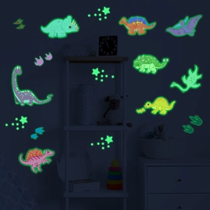 Luminous cartoon dinosaur wall stickers for kids bedroom featuring glow in the dark stars