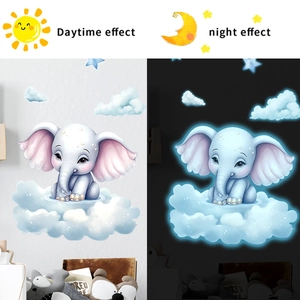 Glow in the dark cartoon elephant and clouds wall stickers for kids nursery bedroom decor