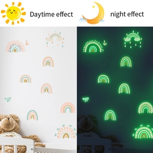 Luminous rainbow wall stickers set showing day and night glow effects in a nursery room