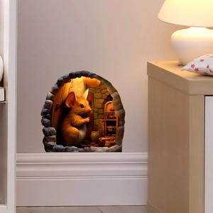 Sticker mural 3D trou de souris avec éclairage de chambre miniature pour décoration