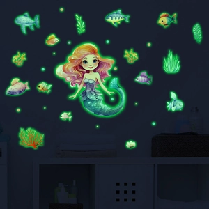 Glow in the dark mermaid wall sticker set with fish and coral for bathroom decor