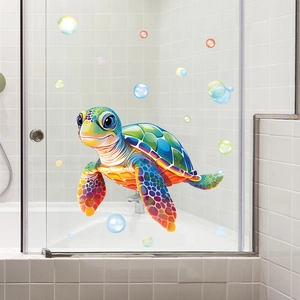 Colorful cartoon sea turtle wall sticker with rainbow bubbles for kids room decoration