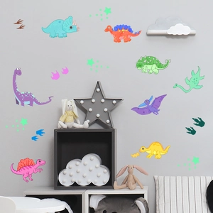 Luminous cartoon dinosaur wall stickers set for children bedroom decor with stars and footprints