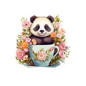 Close-up of a cute panda in a blue floral teacup wall sticker for home decoration