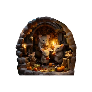 Detailed 3D wall sticker featuring mice in a cozy burrow with pumpkins and glowing candles