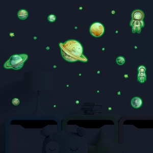 Luminous space planet wall stickers with glowing astronaut and stars for room decor