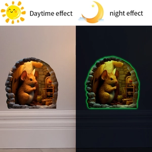 Sticker mural 3D trou de souris lumineux montrant les effets de jour et de nuit verte